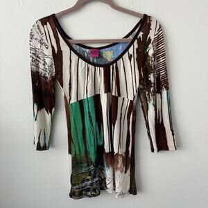 Save The Queen Y2K 3/4 Sleeve Multicolor Abstract Top